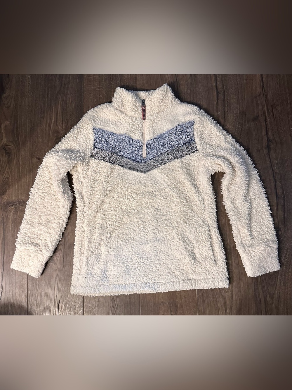 2/$15 Cream Pocketed Sherpa Pullover with Blue-Gray Chevron - Picture 2 of 9